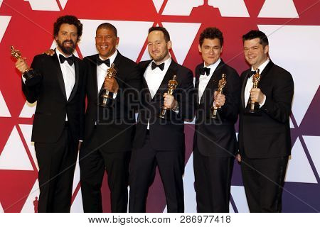 Bob Persichetti, Peter Ramsey, Rodney Rothman, Phil Lord and Christopher Miller at the 91st Annual Academy Awards - Press Room held at the Loews Hotel in Hollywood, USA on February 24, 2019.