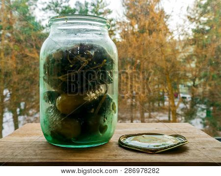 Can Of Pickled Cucumbers On Window On A Background Of Autumn Or Winter Forest.  Huge Texture Of Mold