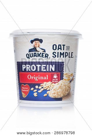 London, Uk - March 01, 2019: Cup Of Quaker Oat So Simple Porridge Protein Original On White. Just Ad