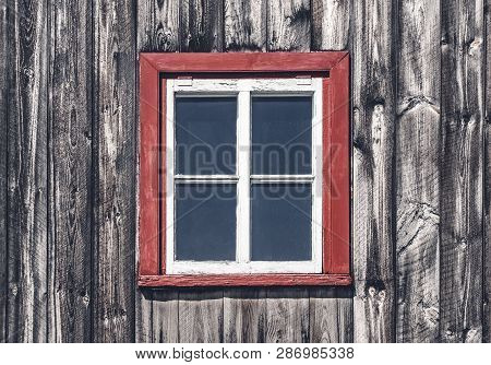 Window Of A Traditional Rustic House. Wooden Cabin In Quebec, Canada.