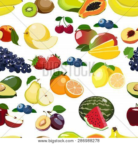 Fresh Fruits Seamless Pattern Isolated On White Background.