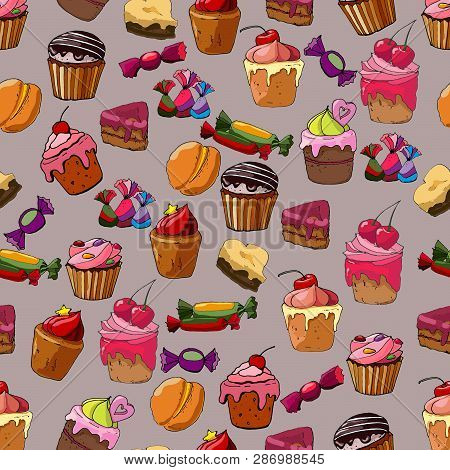 Seamless Cupcake Pattern Isolated On Brown Background.