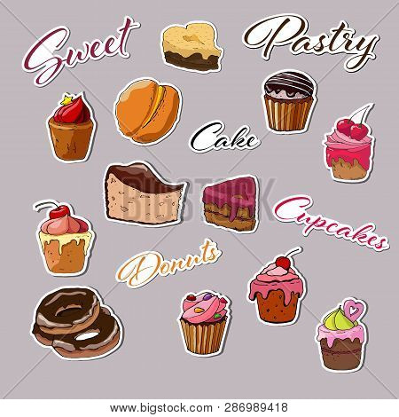 Collection Of Cakes And Desserts Stickers Isolated On Gray Background