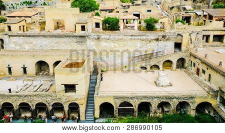 Herculaneum, Ancient Roman Town. Panoramic View On Archeological Site, Ercolano, Italy