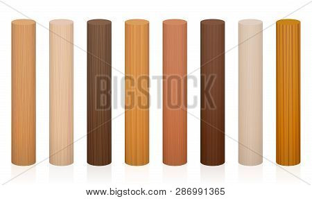 Wooden Posts. Collection Of Wooden Rods, Different Colors, Glazes, Textures From Various Trees To Ch