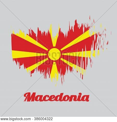 Brush Style Color Flag Of Macedonia, Yellow Sun On A Red Field, With Eight Broadening Rays Extending