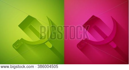 Paper Cut Hammer And Sickle Ussr Icon Isolated On Green And Pink Background. Symbol Soviet Union. Pa