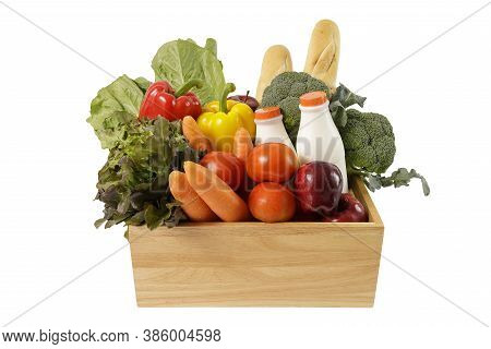Wooden Crate With Multi Color Vegetables , Fruit, Milk And Baguette Isolated On White Bakcground. Gr