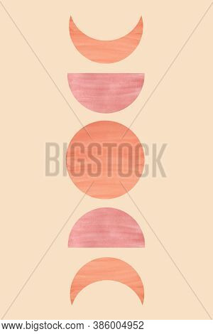 Mid Century Terracotta Colors Artwork. Watercolor Moon Phases Illustration Isolated On Orange Backgr