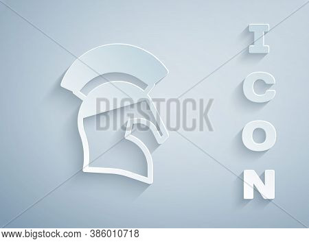 Paper Cut Greek Helmet Icon Isolated On Grey Background. Antiques Helmet For Head Protection Soldier