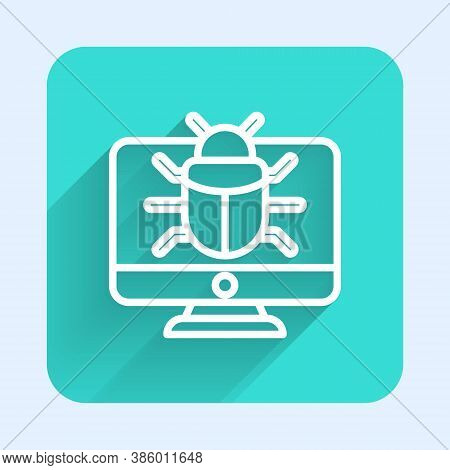 White Line System Bug On Monitor Icon Isolated With Long Shadow. Code Bug Concept. Bug In The System