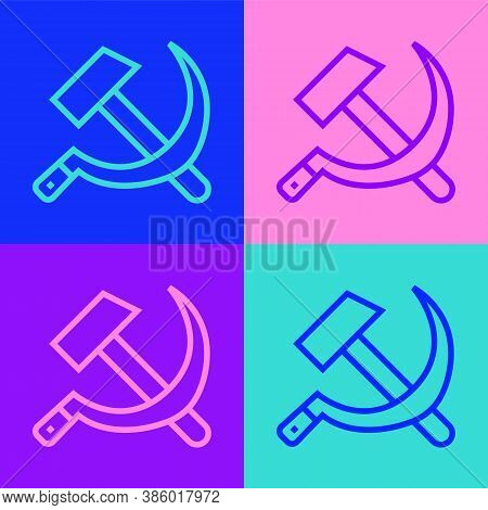 Pop Art Line Hammer And Sickle Ussr Icon Isolated On Color Background. Symbol Soviet Union. Vector