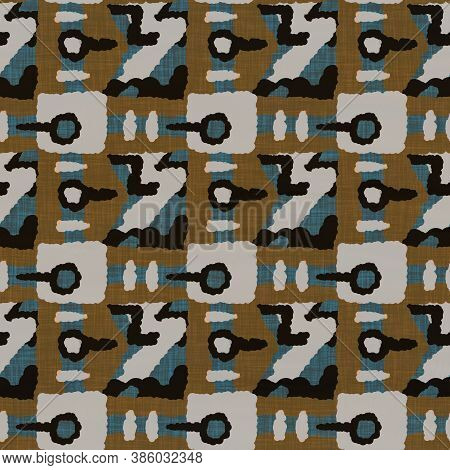 Seamless Dark Blockprint Linen Background. Moody Watercolor Wash Texture. Mid Century 50s Soft Furni