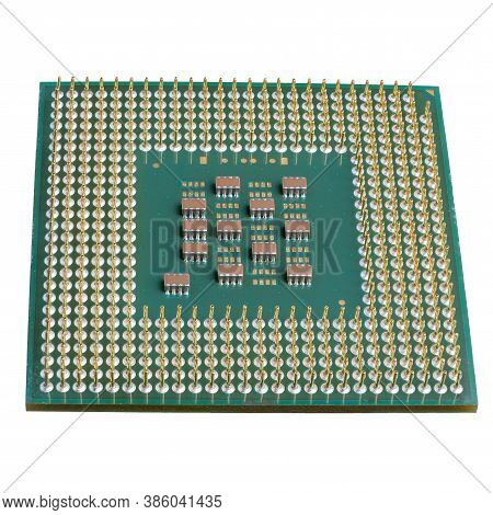 Photo Of A Cpu Chip Isolated On An Orange Background. Microprocessor, Central Processing Unit. Compu