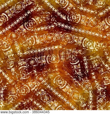 Seamless Modern Sepia Brown Blockprint Collage Print. Grunge Watercolor Texture Background. Worn Mot