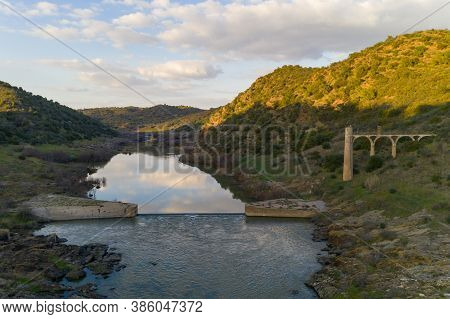 Pulo Do Lobo Waterfall Drone Aerial View With River Guadiana And Beautiful Green Valley Landscape At