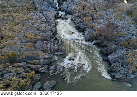 Pulo Do Lobo Waterfall Drone Aerial View With River Guadiana And Beautiful Green Valley Landscape At