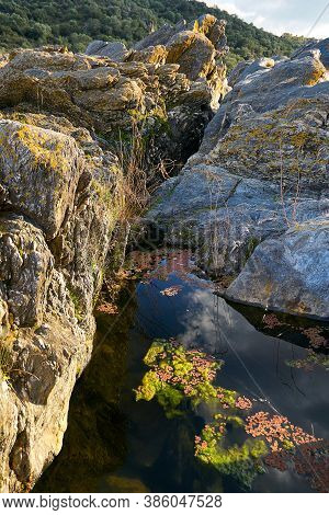 Natural Pond With Green And Red Water Plants On The Middle Of Beautiful Detailed Rocks In Pulo Do Lo