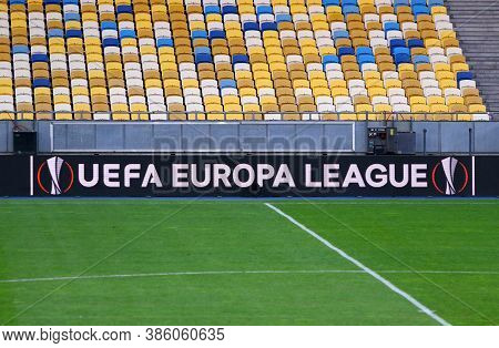 Kyiv, Ukraine - August 5, 2020: Uefa Europa League Banner On A Screenboard Of Nsc Olimpiyskyi Stadiu