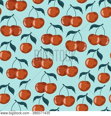 Seamless Pattern With Cherries And Sweet Cherries On A Pastel Blue Background. Vector Stock Illustra