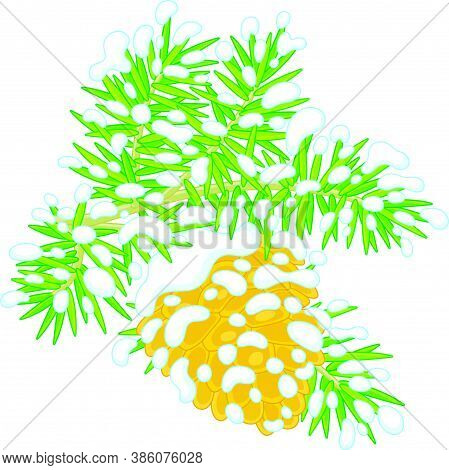 Cone On A Snow-covered Branch, Vector Cartoon Illustration On A White Background