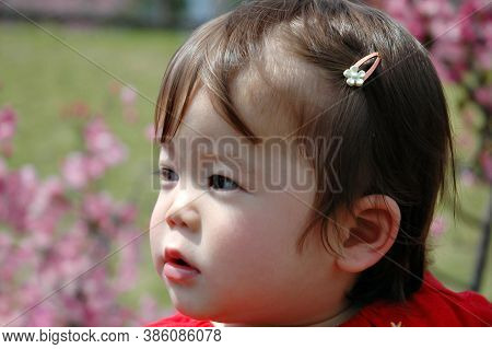 Close-up Of A Beautiful Baby Asian Girl Outdoors.