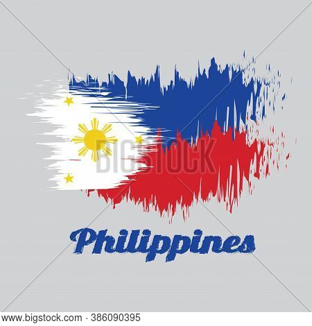 Brush Style Color Flag Of Philippines, A Horizontal Blue And Red; White Equilateral Triangle Based A