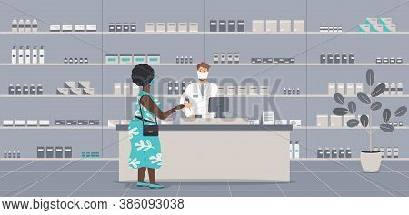 Pharmacy Interior With People During Virus Epidemic. Pharmacist In Face Mask Behind Counter Serve Pl