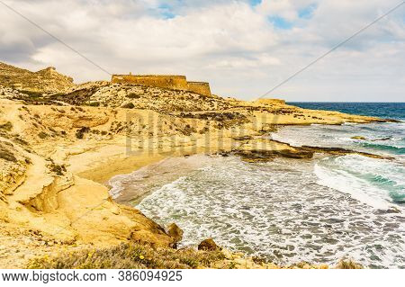 Castle San Ramon Above Beach Of El Playazo, Cabo De Gata Nijar, Province Almer