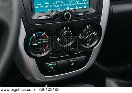 Novosibirsk, Russia - September 19, 2020: Lada Granta, Modern Black Car Interior: Climat Control Vie