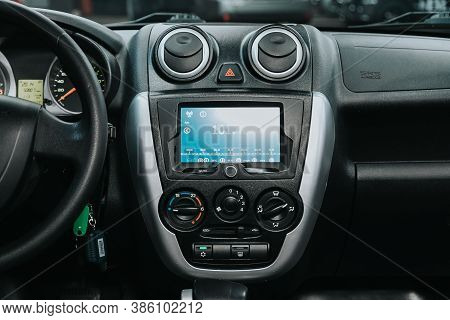 Novosibirsk, Russia - September 19, 2020: Lada Granta, Close-up Of The Central Control Panel, Monito