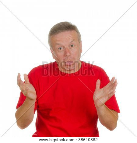 A man holding his hands. Isolated on white. Body language. Disappointment. Self-accusation.