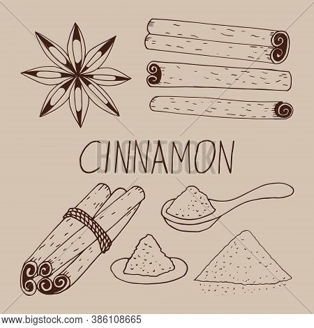 Cinnamon Set Hand Drawn Vector Doodle. Sticks, Powder, Lettering, Spoon Collection Of Elements For D