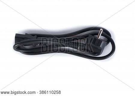 Black Power Cord Isolated On White Background. Standard 3 Pin Power Cord For Computer, Monitors, Hou