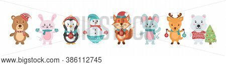 Set Of Cute Christmas Forest Animals. Collection Of Cute Cartoon Characters Isolated On A White Back
