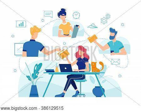 Teamwork Online Home Office, Team People Work Management And Communication, Flat And Thin Line Illus