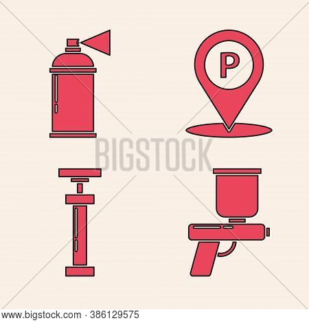 Set Paint Spray Gun, Paint Spray Can, Location With Parking And Car Air Pump Icon. Vector