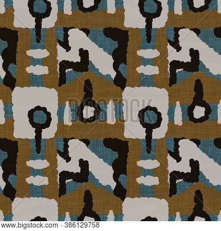 Seamless Dark Blockprint Linen Background. Moody Watercolor Wash Texture. Mid Century 50s Soft Furni