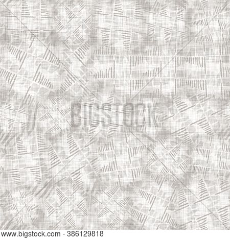 French Woven Linen Texture Geometric Shape Background. Old Ecru Flax Grey Geo Motif Seamless Pattern