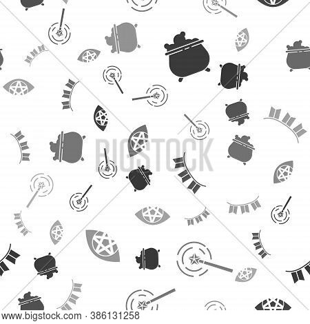 Set Witch Cauldron, Magic Wand, Carnival Garland With Flags And Pentagram On Seamless Pattern. Vecto