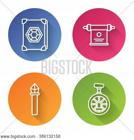 Set Line Ancient Magic Book, Magic Scroll, Magic Staff And Unicycle Or One Wheel Bicycle. Color Circ