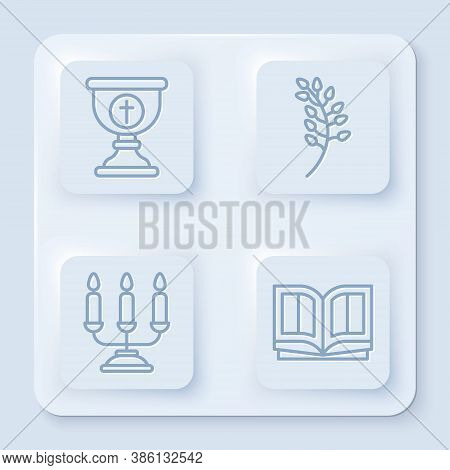 Set Line Christian Chalice, Willow Leaf, Candelabrum With Candlesticks And Holy Bible Book. White Sq