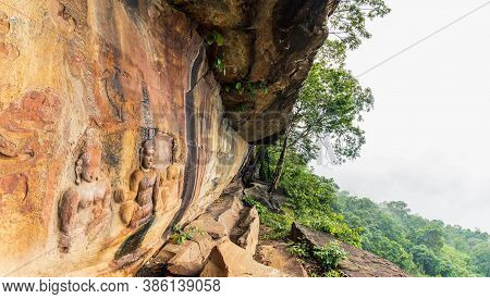 Stone Carvings With Cloud Fog At Pha Mo E Daeng, Sisaket Province, Thailand, Asia.