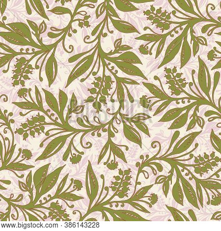 Floral Seamless Pattern With Leaves And Berries In Chartreuse Green Pink Palette, Hand-drawn And Dig