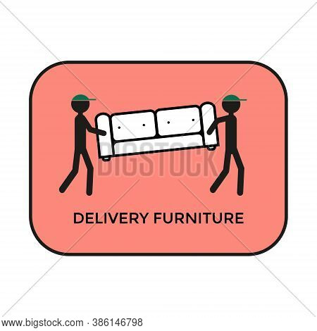 Two Stylized Movers Are Carrying A Sofa. Logo. Red Background. Furniture Delivery. Moving Service. I