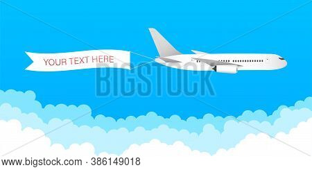 Airplane Banner In Flat Style. Speed Airplane Aircraft Jet With Advertising Banner Ribbon In The Clo