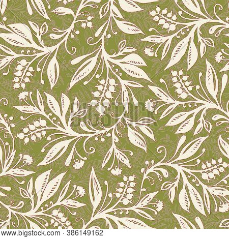 Floral Seamless Pattern With Leaves And Berries In Chartreuse Green Pink Palette, Hand-drawn And Dig