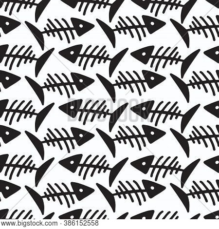 Seamless Vector Black And White Pattern Lined Ornament Decorative Fish Skeleton