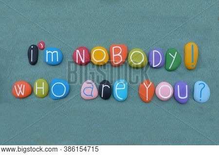 I'm Nobody, Who Are You, Creative Text Composed With Multicolored Stone Letters Over Green Sand
