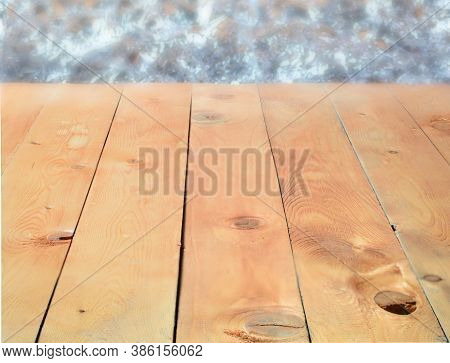 Wood Table With Sparkling Silver Bokeh Wall, Leave Room For Banner Display Or Montage Design Or Cont